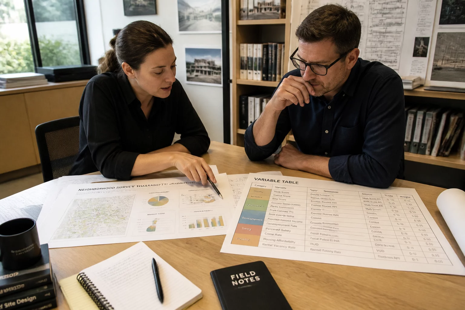 Research team examining survey question architecture and data framework models