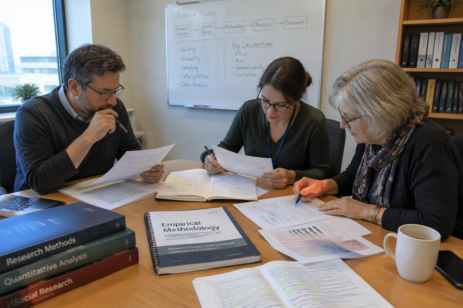Editorial board reviewing study documentation and charts