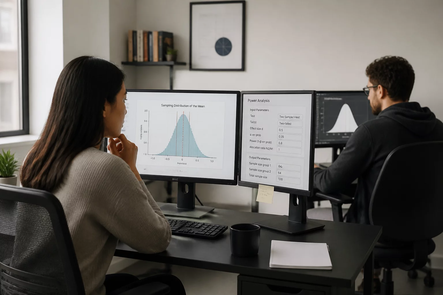 Data analysts calculating statistical power on dual screens